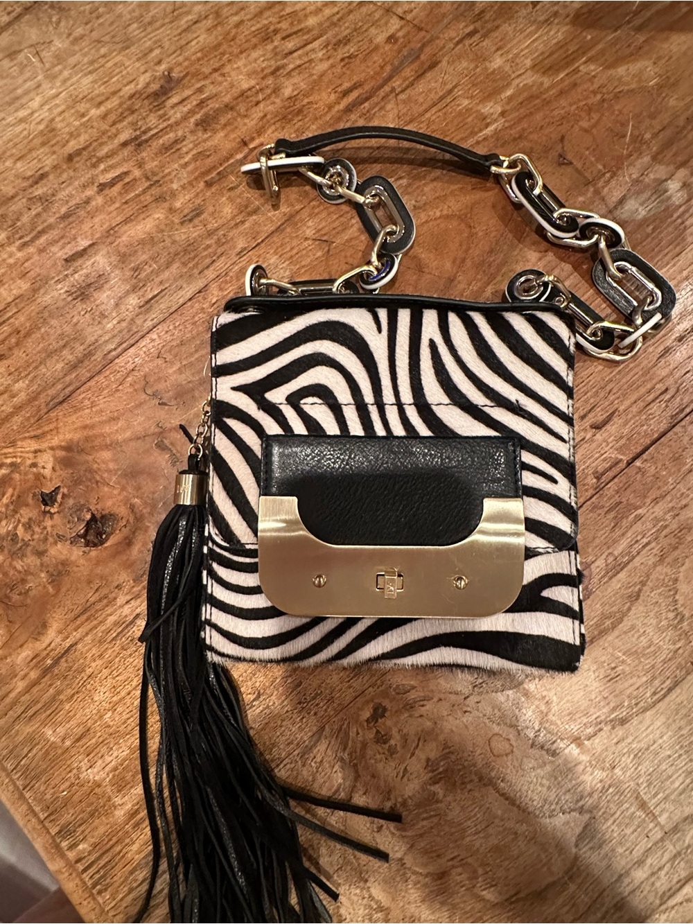 Diane Von Furstenberg Black & White Zebra Print Crossbody with Gold Hardware